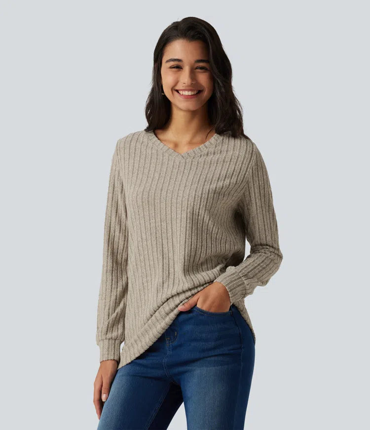 Ribbed Knit V Neck Long Sleeve Casual T-Shirt