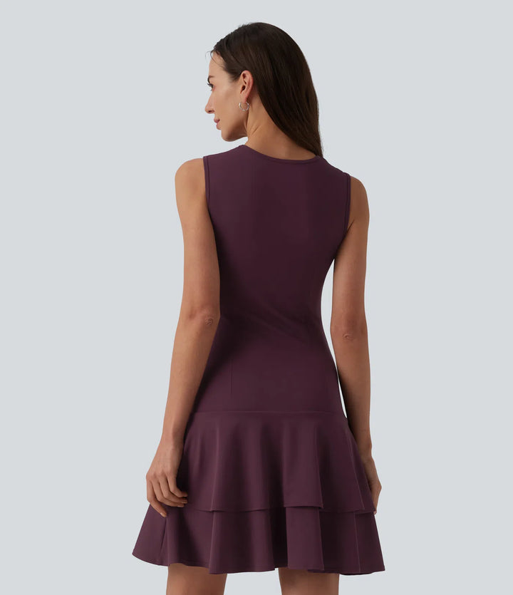 SoftlyZero Airy Round Neck Sleeveless Layered Ruffle Hem InstantCool Mini Casual Dress