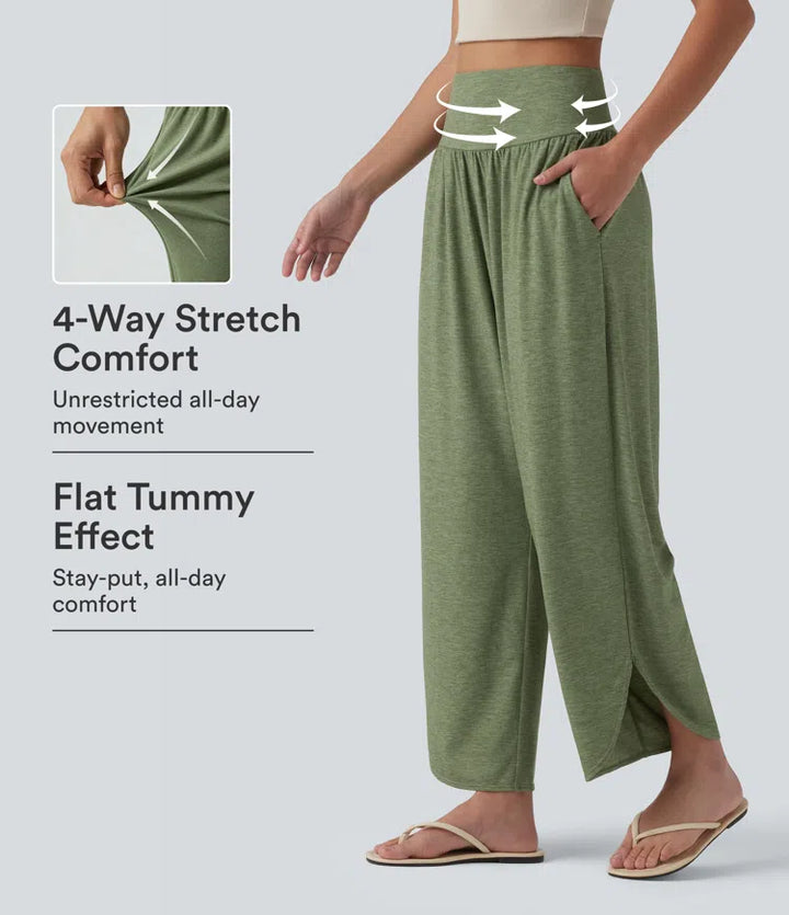 High Waisted Tummy Control Curved Hem Casual Pants with Pockets