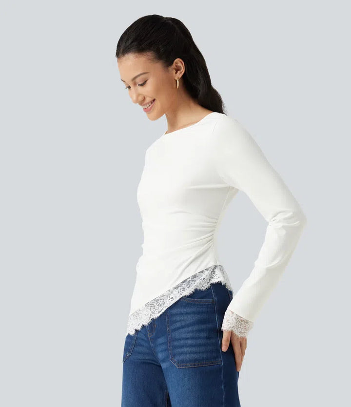 Boat Neck Long Sleeve Contrast Lace Asymmetric Hem Casual Top