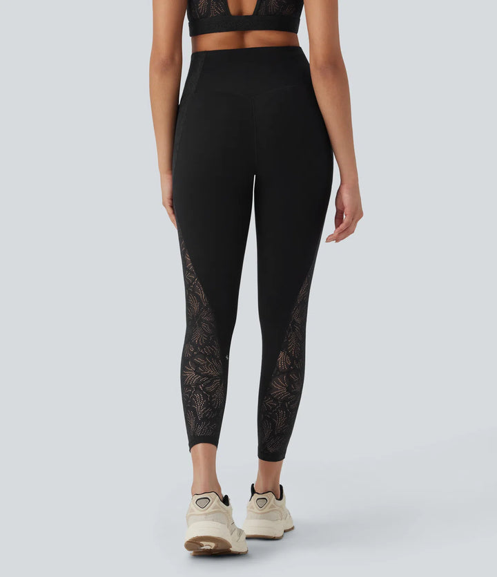 Halara UltraSculpt High Waisted Tummy Control Contrast Lace Shaping Training Leggings with Pockets