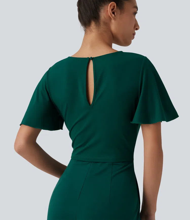 Round Neck Short Sleeve Tie Front Wide Leg Jumpsuit with Pockets-Easy Peezy Edition