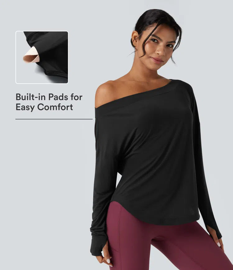 One Shoulder Long Sleeve Thumb Hole Curved Hem High Low Quick Dry Yoga Sports Top-Built-in Bra