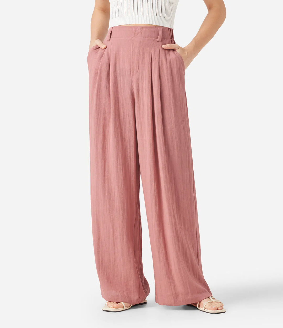 High Waisted Pocket Wide Leg Flowy Solid Palazzo Casual Linen-Feel Pants