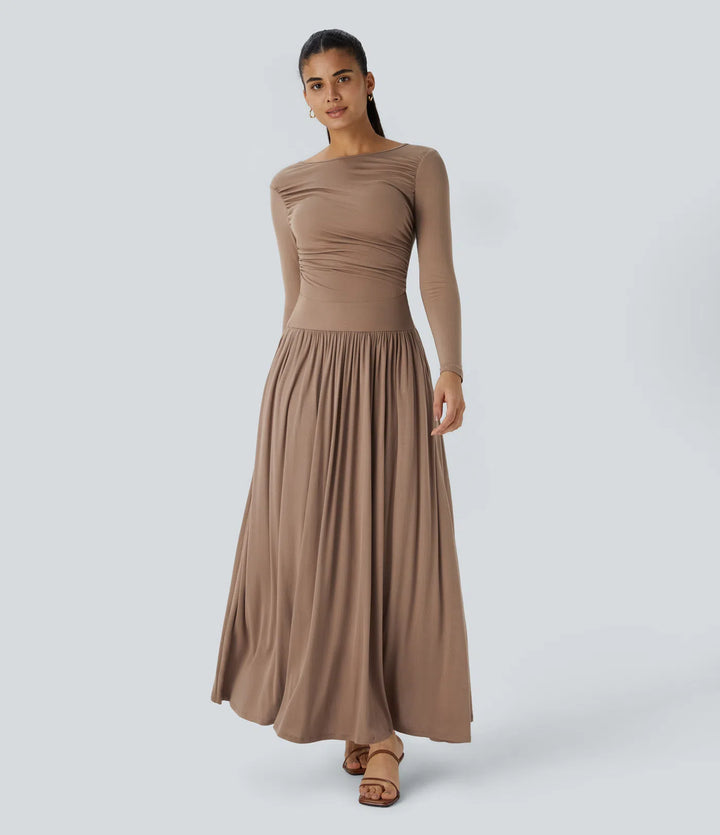 Ribbed Boat Neck Long Sleeve Ruched Pocket Flowy Maxi Casual Dress