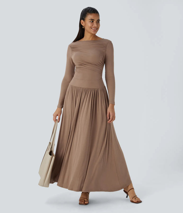 Ribbed Boat Neck Long Sleeve Ruched Pocket Flowy Maxi Casual Dress