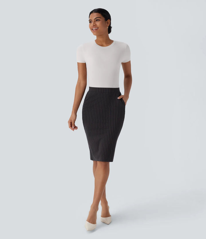 High Waisted Pocket Hem InstantCool Stripe Bodycon Work Skirt