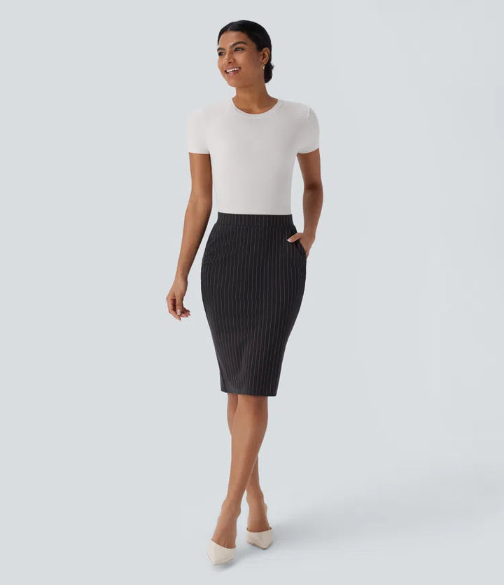 High Waisted Pocket Hem InstantCool Stripe Bodycon Work Skirt
