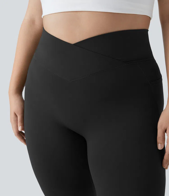 SoftlyZero High Waisted Crossover Pocket Plain Plus Size Full Length Leggings