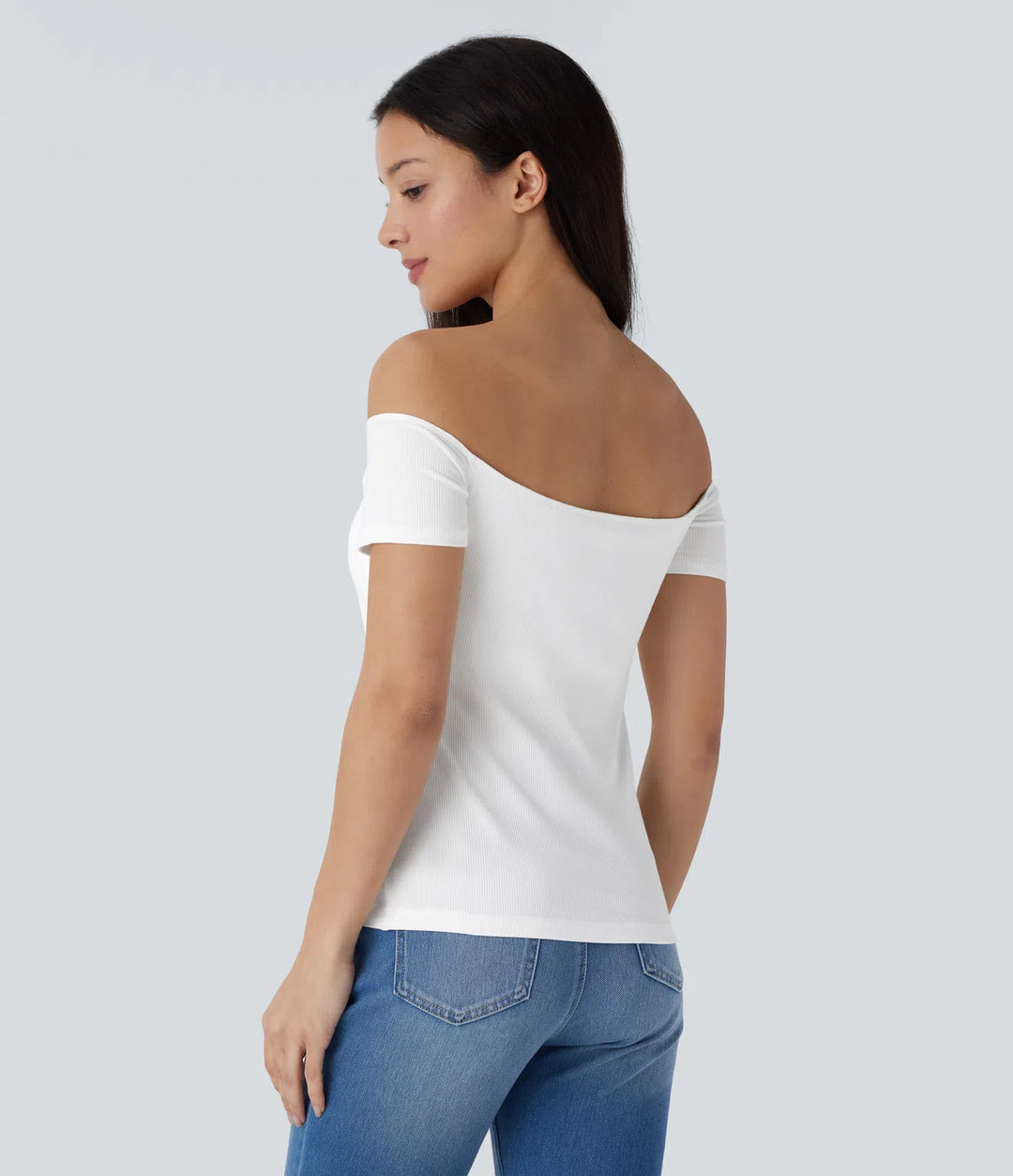 Ribbed Knit Off Shoulder Short Sleeve 2-in-1 Casual Top