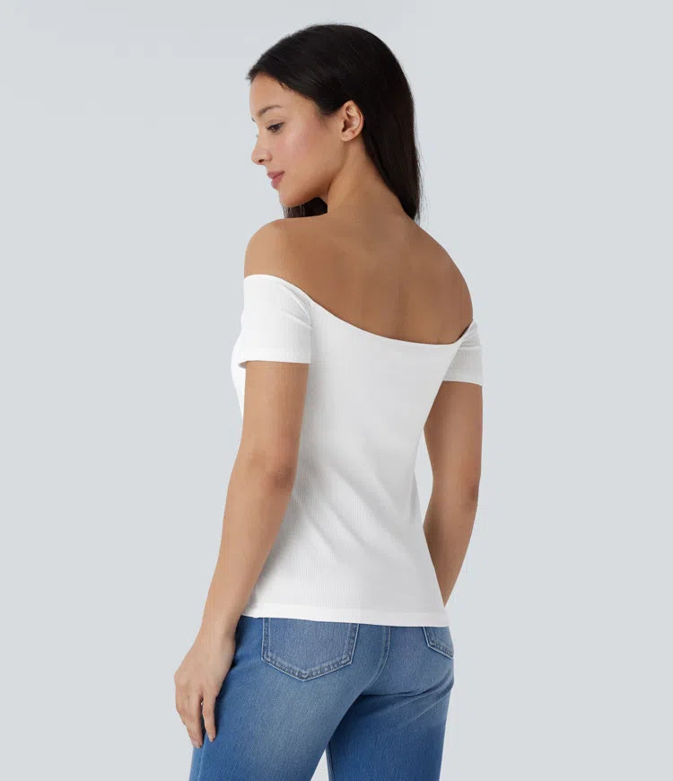Ribbed Knit Off Shoulder Short Sleeve 2-in-1 Casual Top