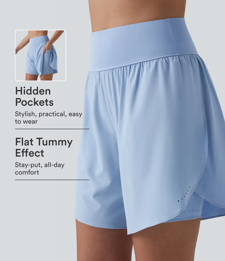 SoftlyZero QuickDry High Waisted Tummy Control Reflective Dots Crossover Hem 2-in-1 Running Shorts 7&