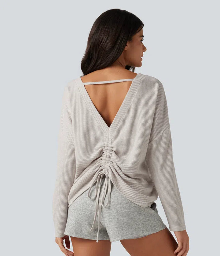 Boat Neck Batwing Long Sleeve Ruched Waffle Lounging Top