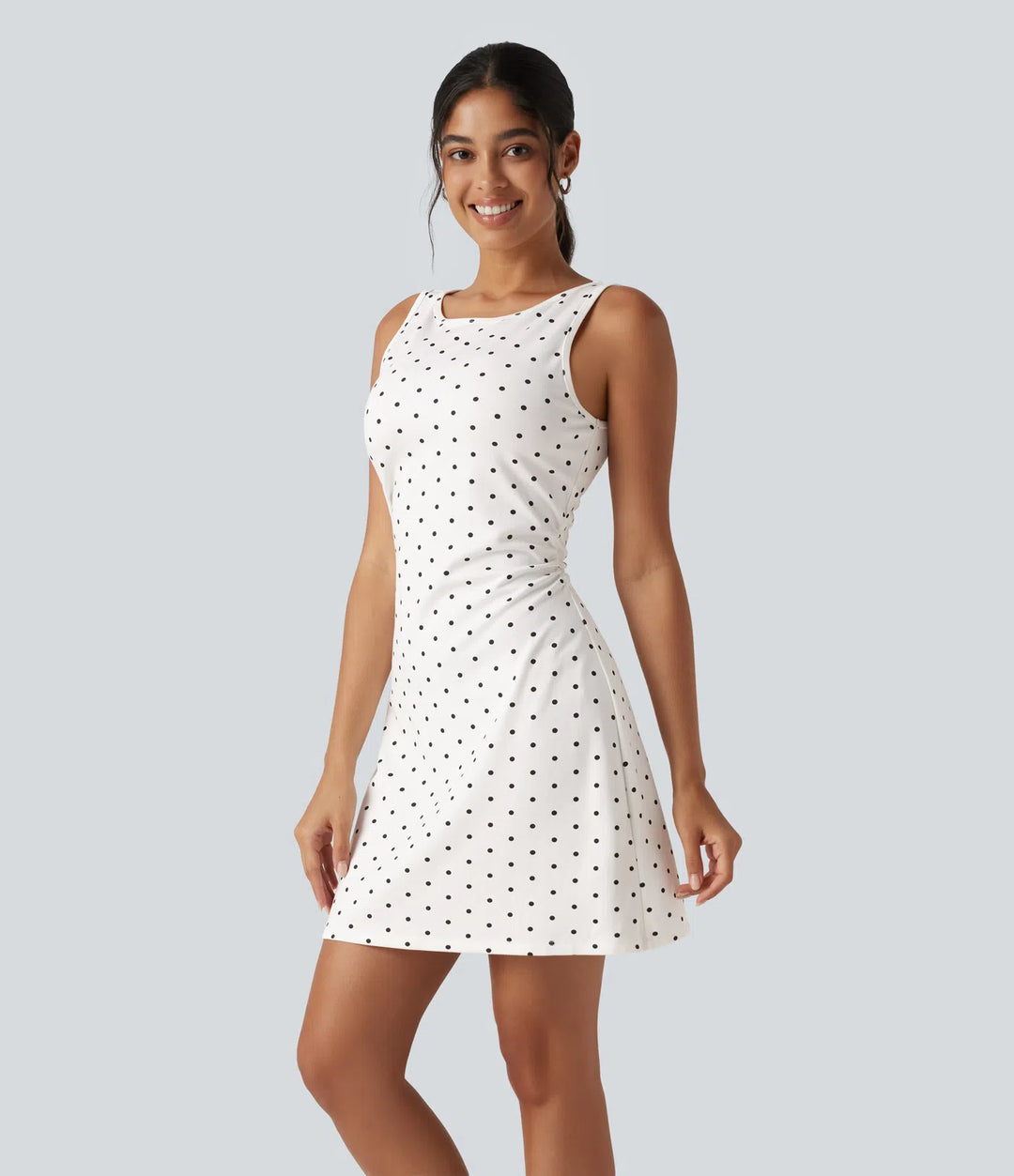 Boat Neck Sleeveless Ruched Polka Dot Casual Mini Dress