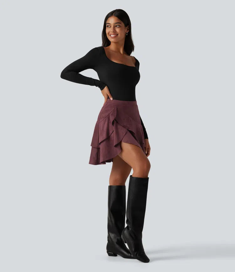 High Waisted Tiered Ruffle Hem 2-in-1 Longer Mini Suede Casual Skirt with Pocket