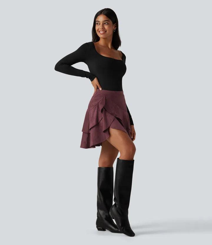High Waisted Tiered Ruffle Hem 2-in-1 Longer Mini Suede Casual Skirt with Pocket