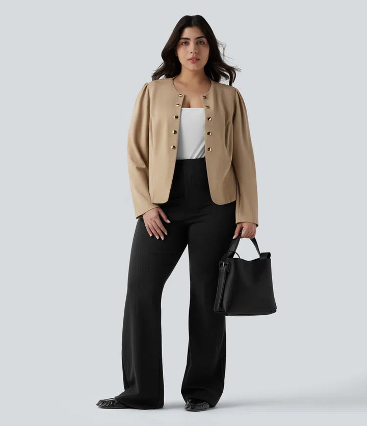 Plus Size Round Neck Long Sleeve Slim Work Blazer