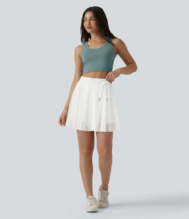 High Waisted Drawstring Contrast Mesh 2-in-1 Pocket Flowy Mini Flare Casual Skirt-Longer Length