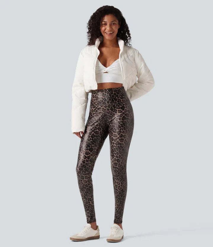 High Waisted Tummy Control Stretchy PU Leopard Print Skinny Casual Leggings with Pockets