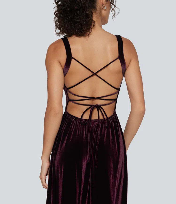 Square Neck Lace Up Ruched Built-in Bra Corset Velvet Midi Casual Milkmaid Dress