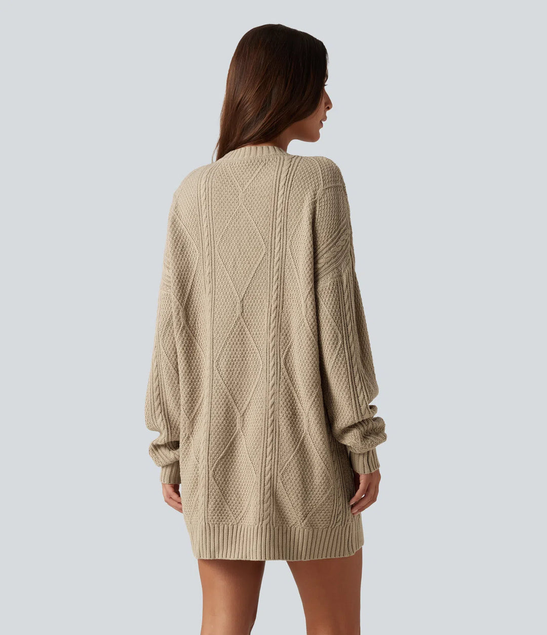 Round Neck Long Sleeve Cable Knit Mini Casual Sweater Dress