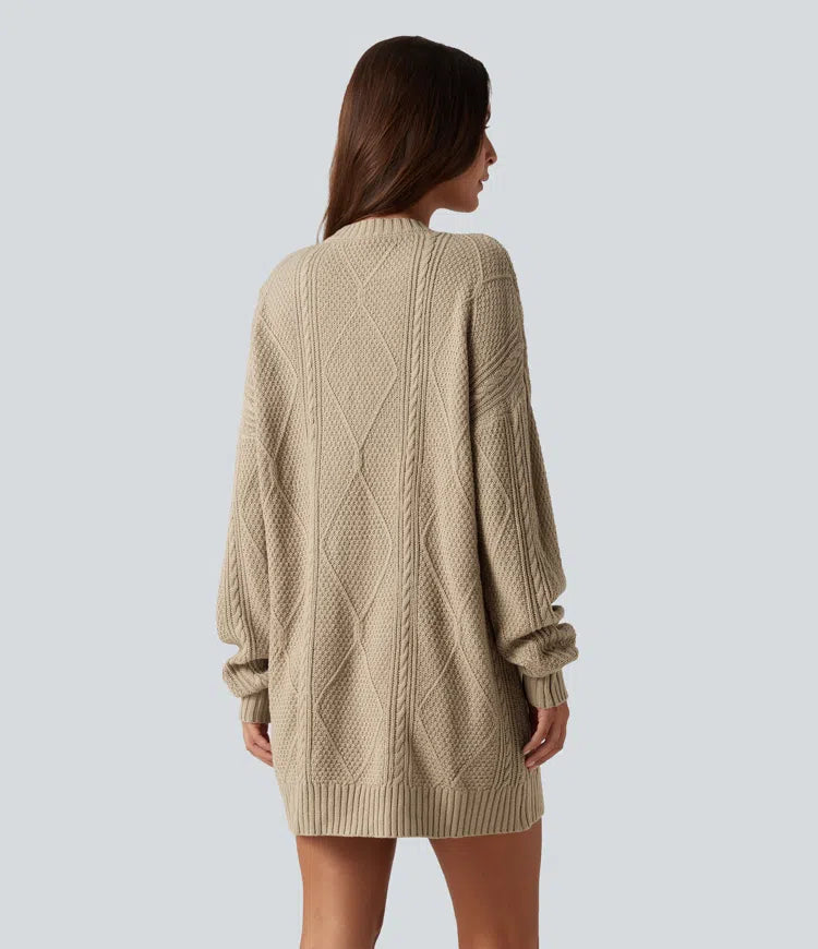 Round Neck Long Sleeve Cable Knit Mini Casual Sweater Dress