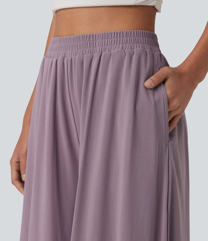 High Waisted Pocket Mesh Overlay Wide Leg Casual Pants