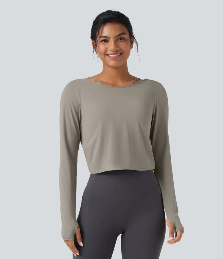 SoftlyZero QuickDry Backless Twist-back Long Sleeve Thumb Holes 2-in-1 Yoga Sports Top