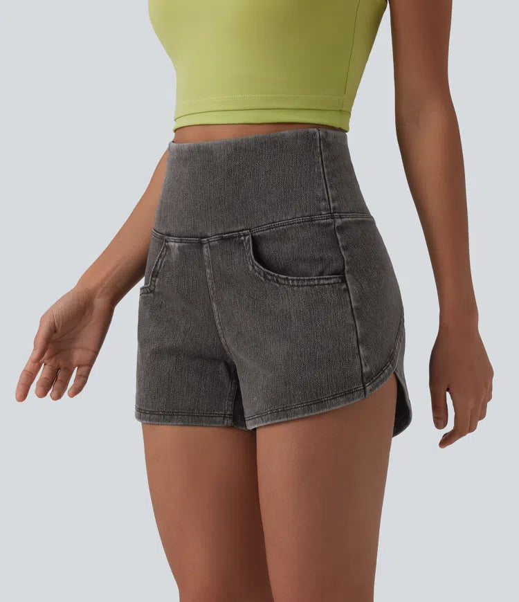 Halara Flex High Waisted Tummy Control Curved Hem Skinny Denim Casual Shorts with Pockets