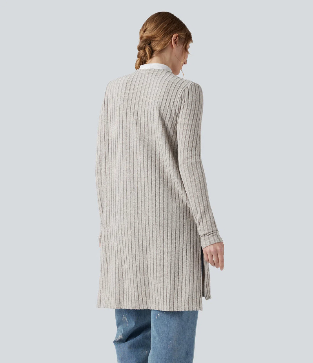 Ribbed Knit Long Sleeve Split Casual Cardigan