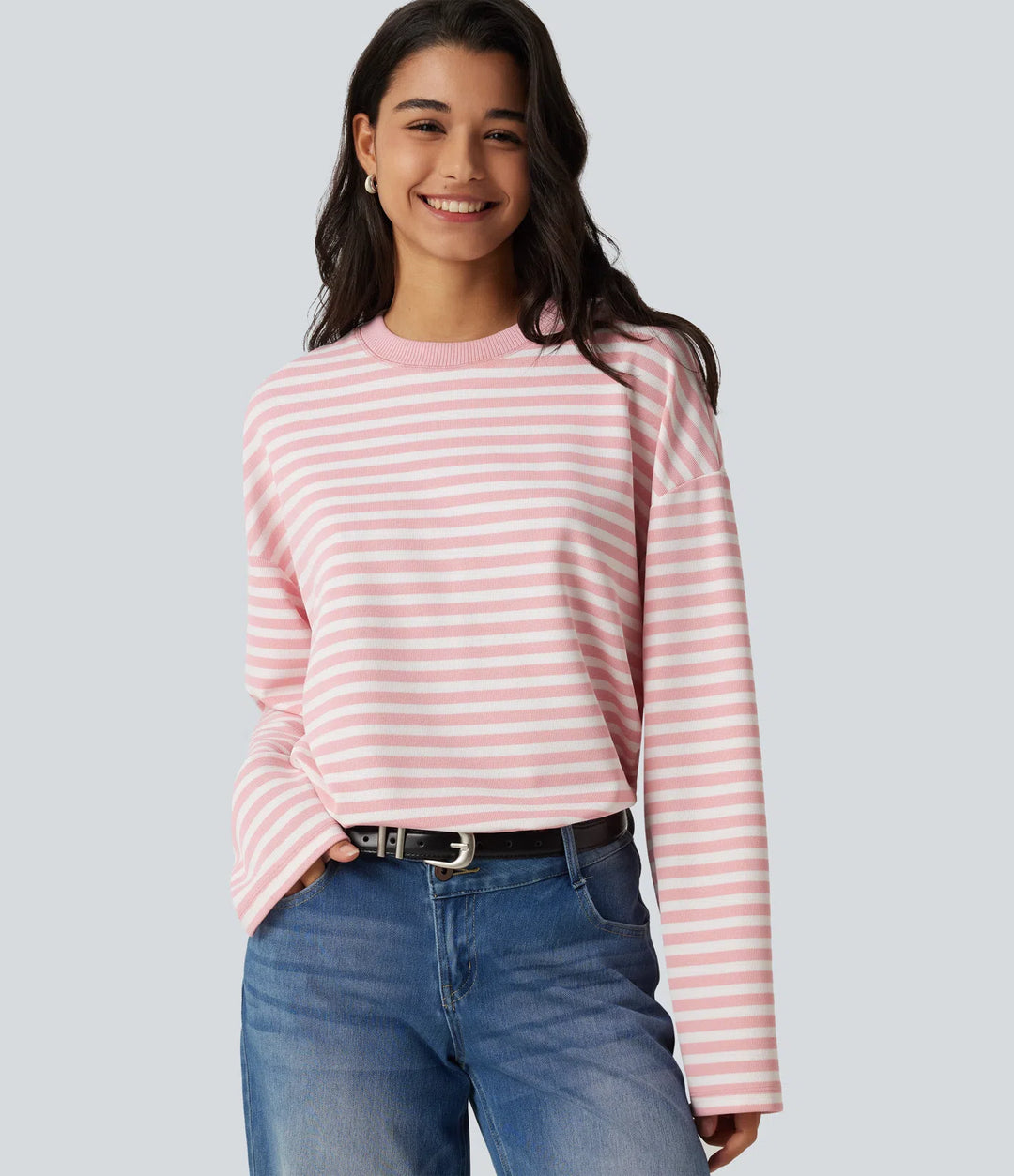 Round Neck Long Sleeve Stripe Waffle Casual Top