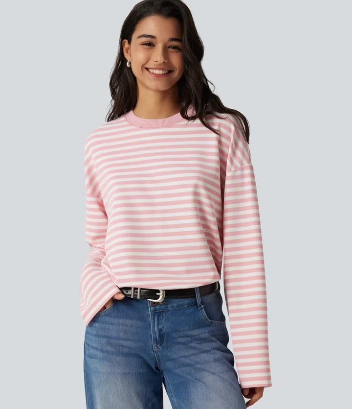 Round Neck Long Sleeve Stripe Waffle Casual Top
