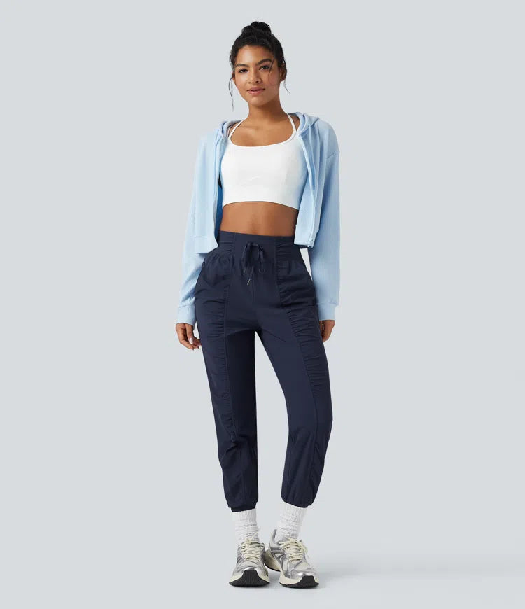 High Waisted Drawstring Ruched Tapered Quick Dry Cool Touch Dance Joggers with Pockets-UPF40+
