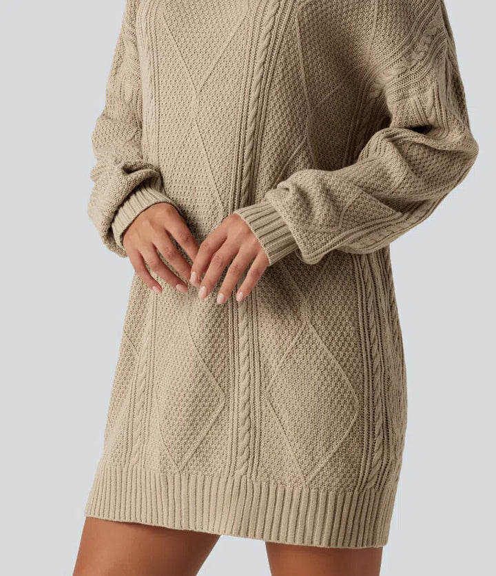 Round Neck Long Sleeve Cable Knit Mini Casual Sweater Dress