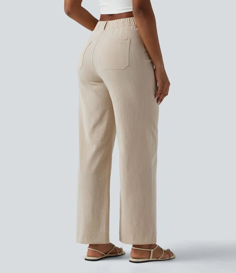 High Waisted Straight Leg Casual Linen-Feel Pants with Pockets