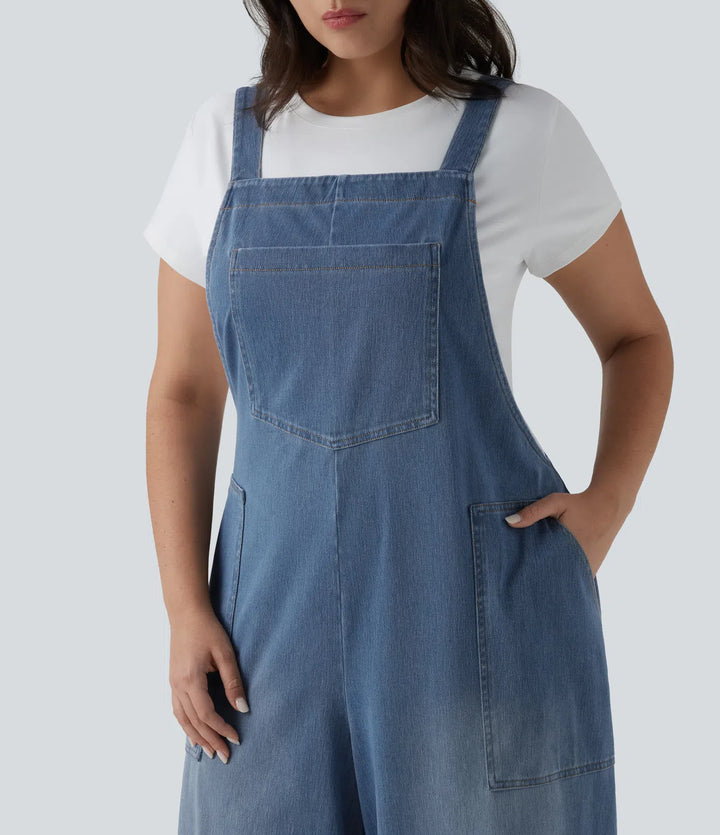 Plus Size Halara Flex Square Neck Washed Denim Casual Overalls with Pockets
