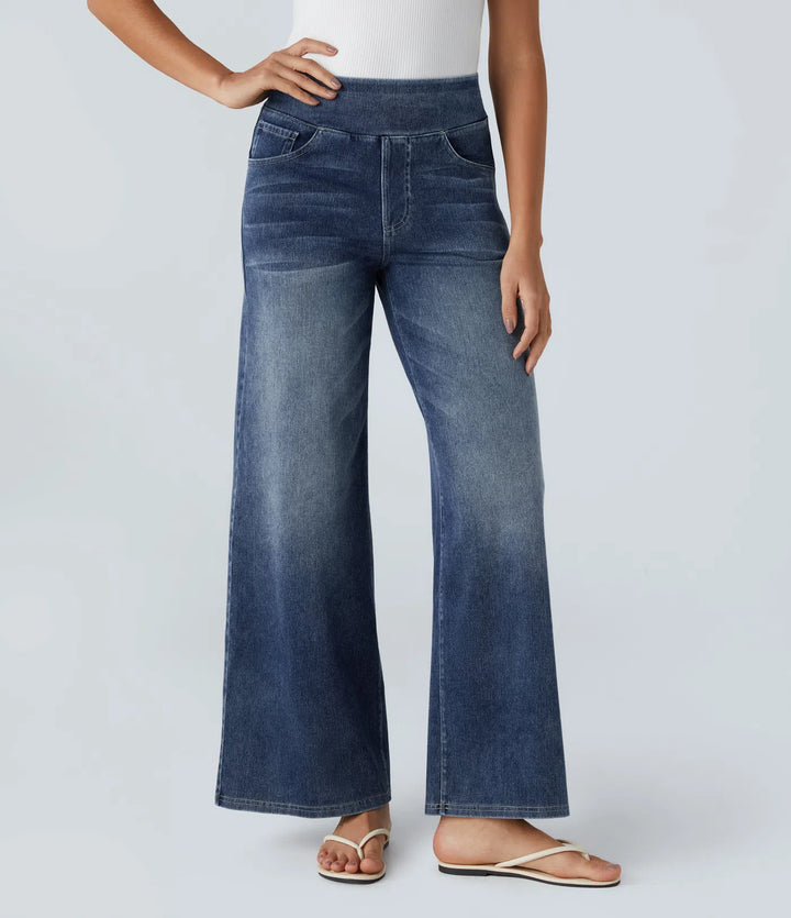 Halara Flex High Waisted Pockets Baggy Wide Leg Washed Casual Jeans