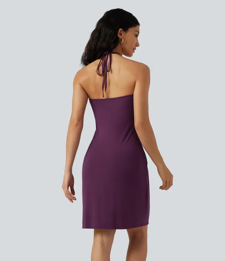 Halter Tie Back Built-in Bra Mini Resort Dress with Pockets