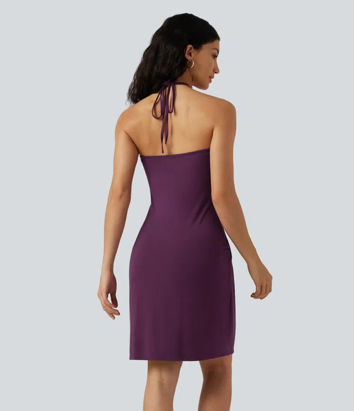 Halter Tie Back Built-in Bra Mini Resort Dress with Pockets