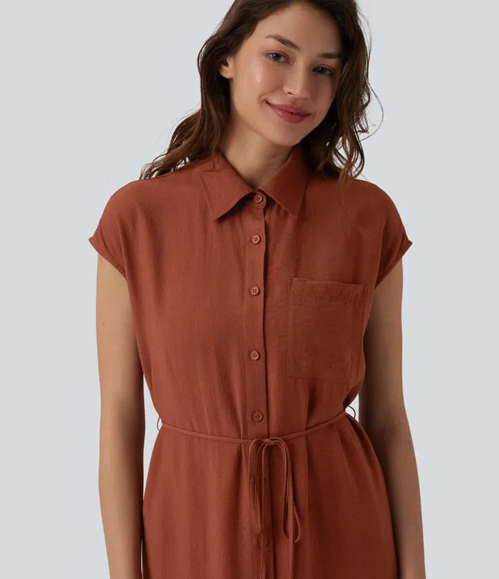 Collar Cap Sleeve Belted Curved Split Hem Midi Casual Shirt Dress with Pockets