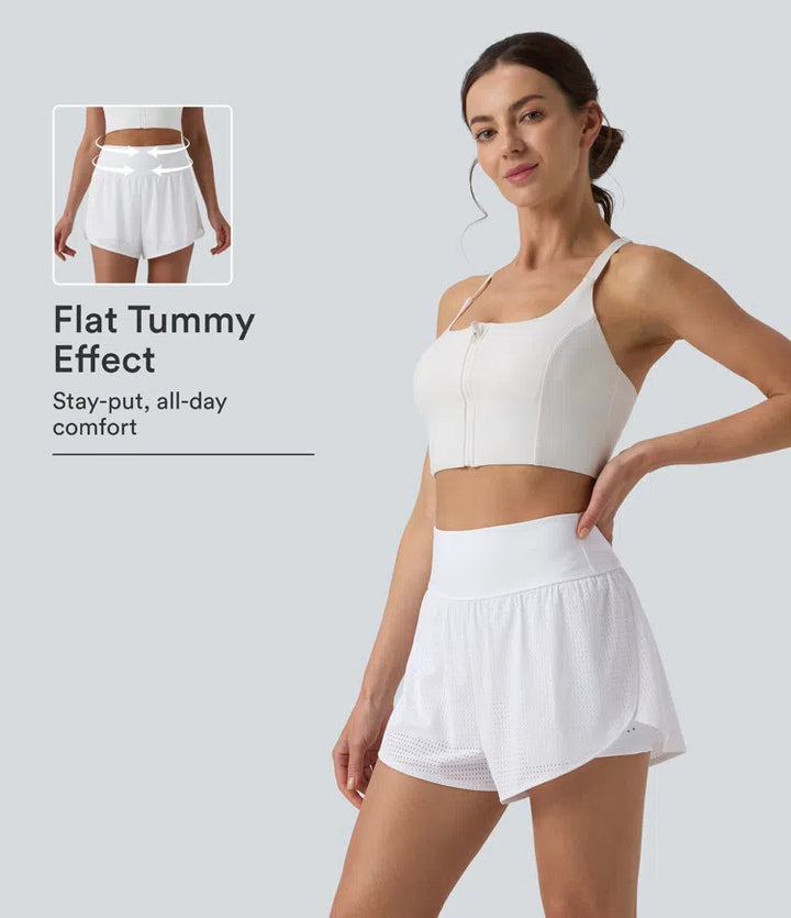 High Waisted Tummy Control Reflective Dots Crossover Curved Hem 2-in-1 Eyelet Yoga Shorts with Pockets