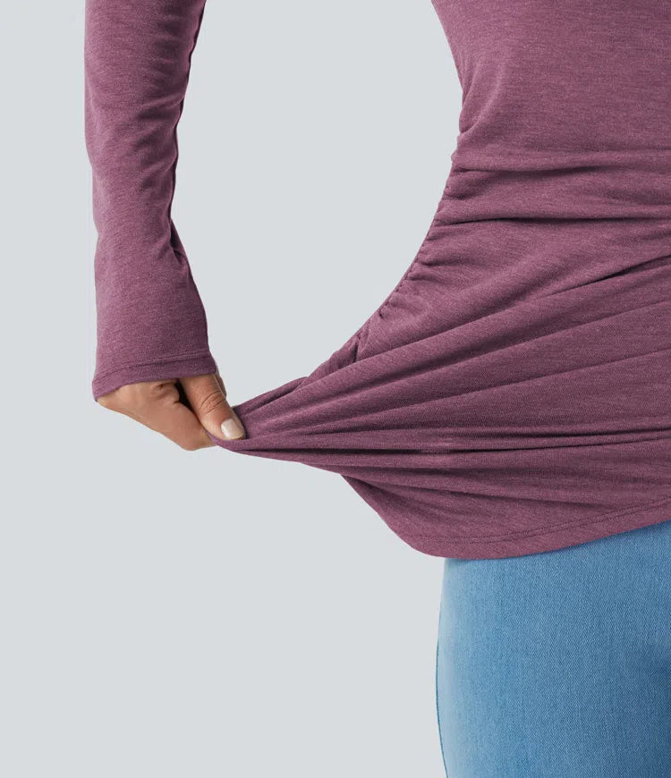 V Neck Long Sleeve Ruched Casual Top
