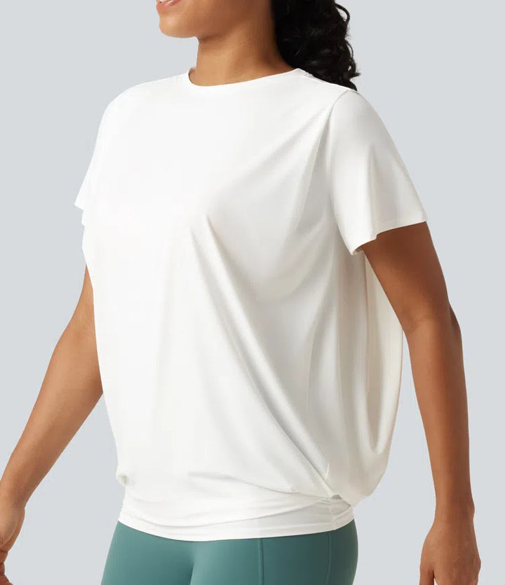 Round Neck Short Sleeve Ruched InstantCool Yoga Sports Top-Longer Length-UPF50+