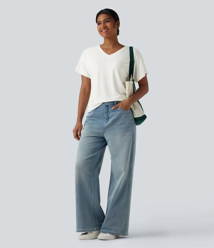 V-neck Short Sleeve Ruched Plain Casual T-Shirt