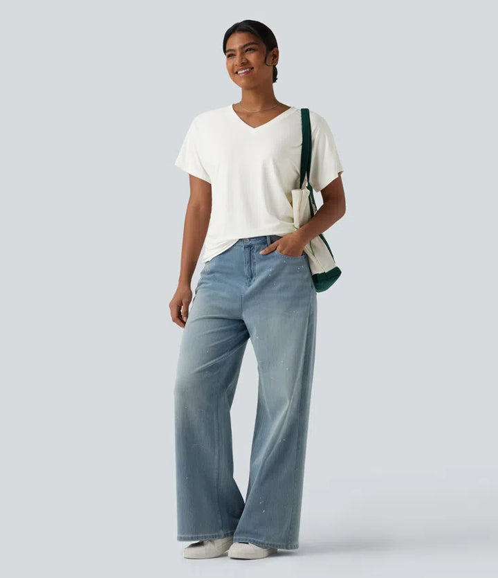 V-neck Short Sleeve Ruched Plain Casual T-Shirt