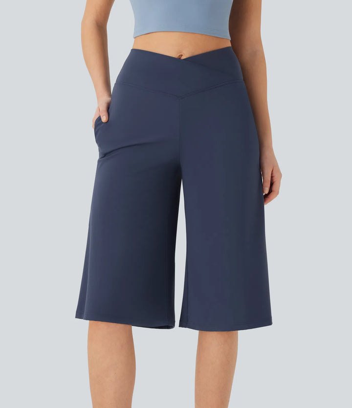 SoftlyZero Airy Crossover High Waisted Wide Leg InstantCool Yoga Pedal Pusher Pants with Pockets