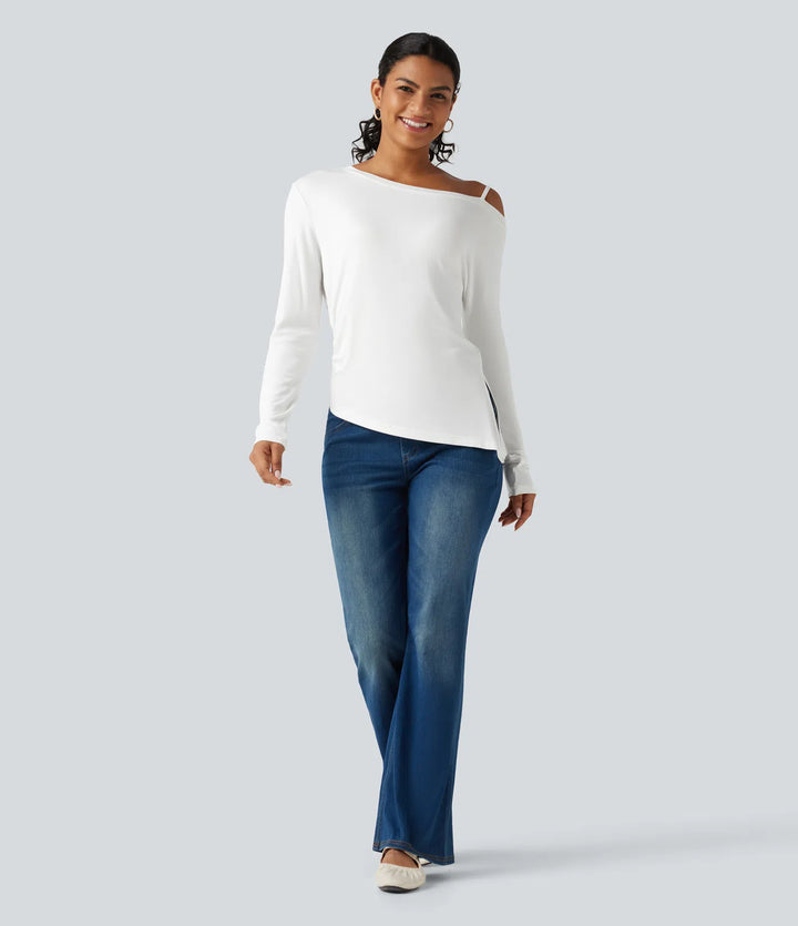 Ribbed One Shoulder Long Sleeve Asymmetric Hem Casual T-Shirt