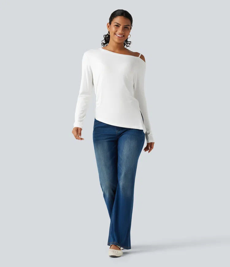 Ribbed One Shoulder Long Sleeve Asymmetric Hem Casual T-Shirt