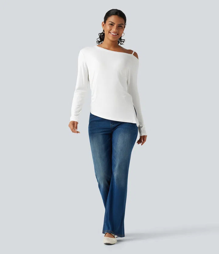Ribbed One Shoulder Long Sleeve Asymmetric Hem Casual T-Shirt
