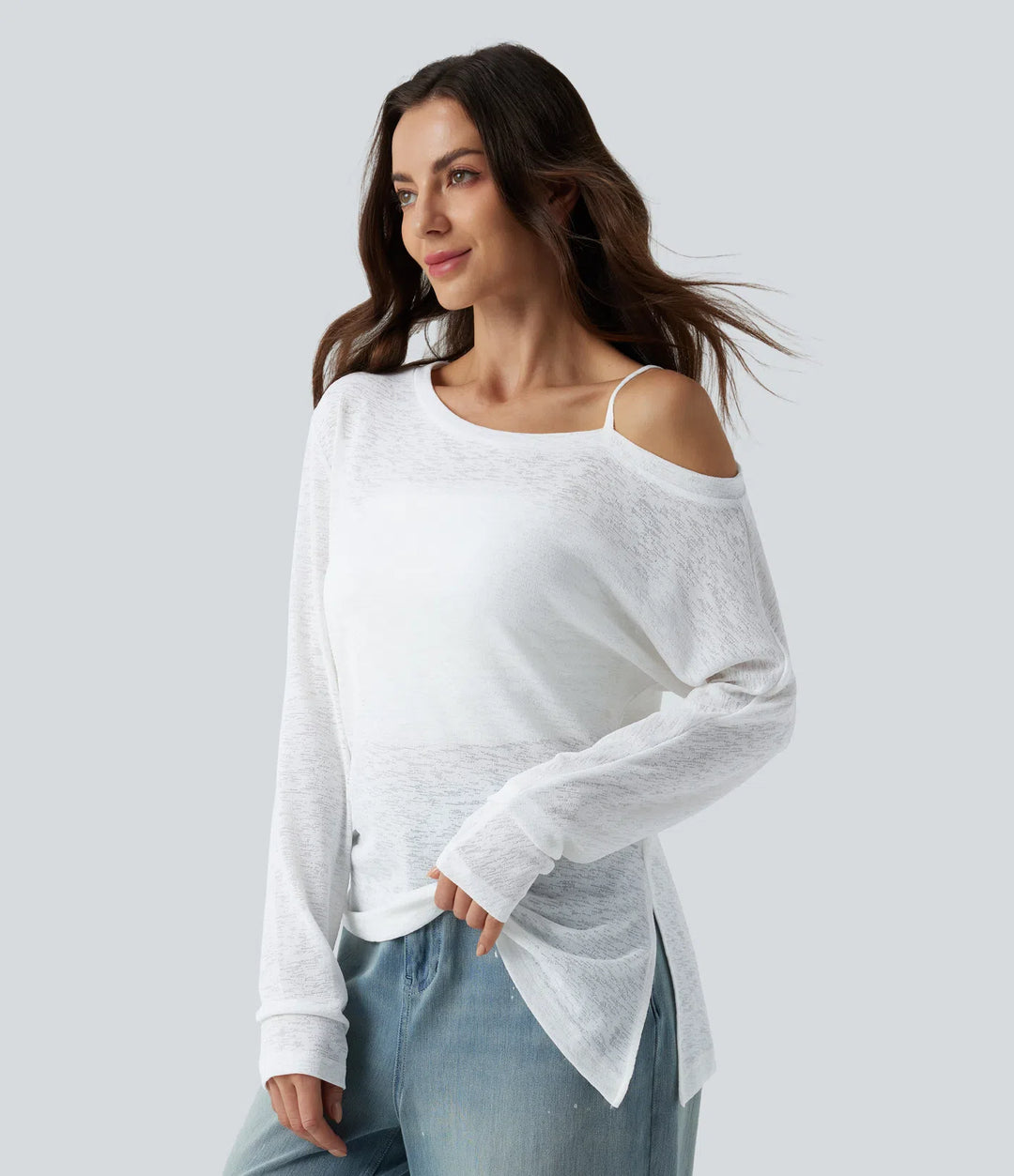 Semi Sheer One Shoulder Long Sleeve Asymmetric Hem Casual T-Shirt